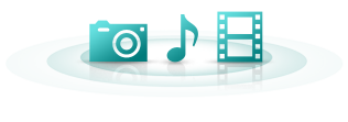 GoFlex satellite: iconos de cámara, película y música