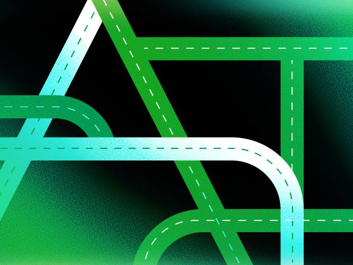 Abstract illustration of interconnected green and white road-like pathways on a dark background, symbolizing navigation and connectivity. 