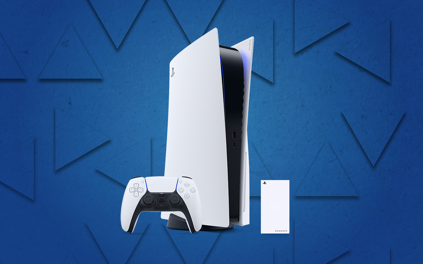 Seagate Game Drive External PS5 SSD stands to the right of a white PlayStation 5 slim gaming system and controller.