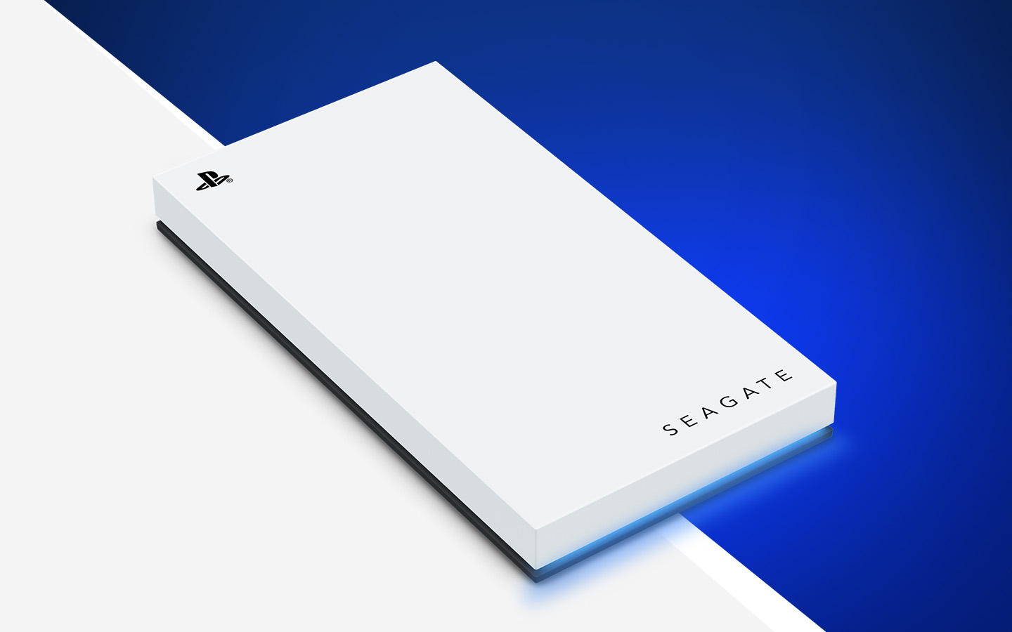 Thin, portable Seagate Game Drive External PS5® SSD featuring the PS and Seagate logos lays flat on a white and blue background.