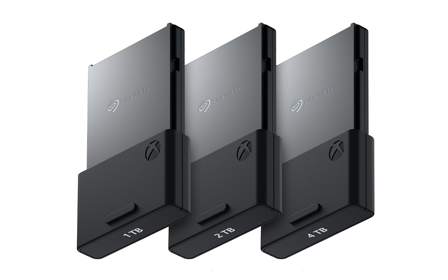 Three Seagate storage expansion cards for Xbox Series X|S, aligned side by side, featuring a compact design.