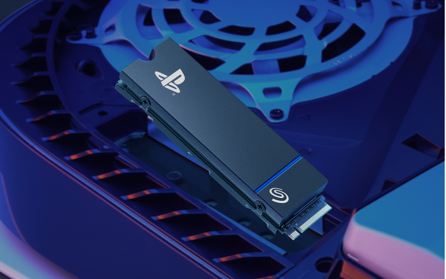 Close-up of a PlayStation-branded Seagate M.2 SSD installed inside a PlayStation 5 console.