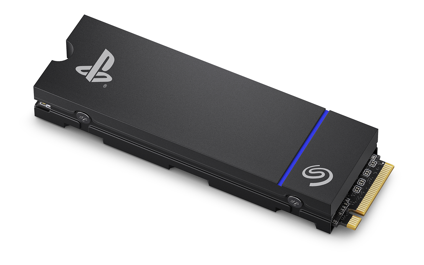 Sleek black NVMe SSD features PlayStation and Seagate logos, blue accent stripe and exposed gold connector.