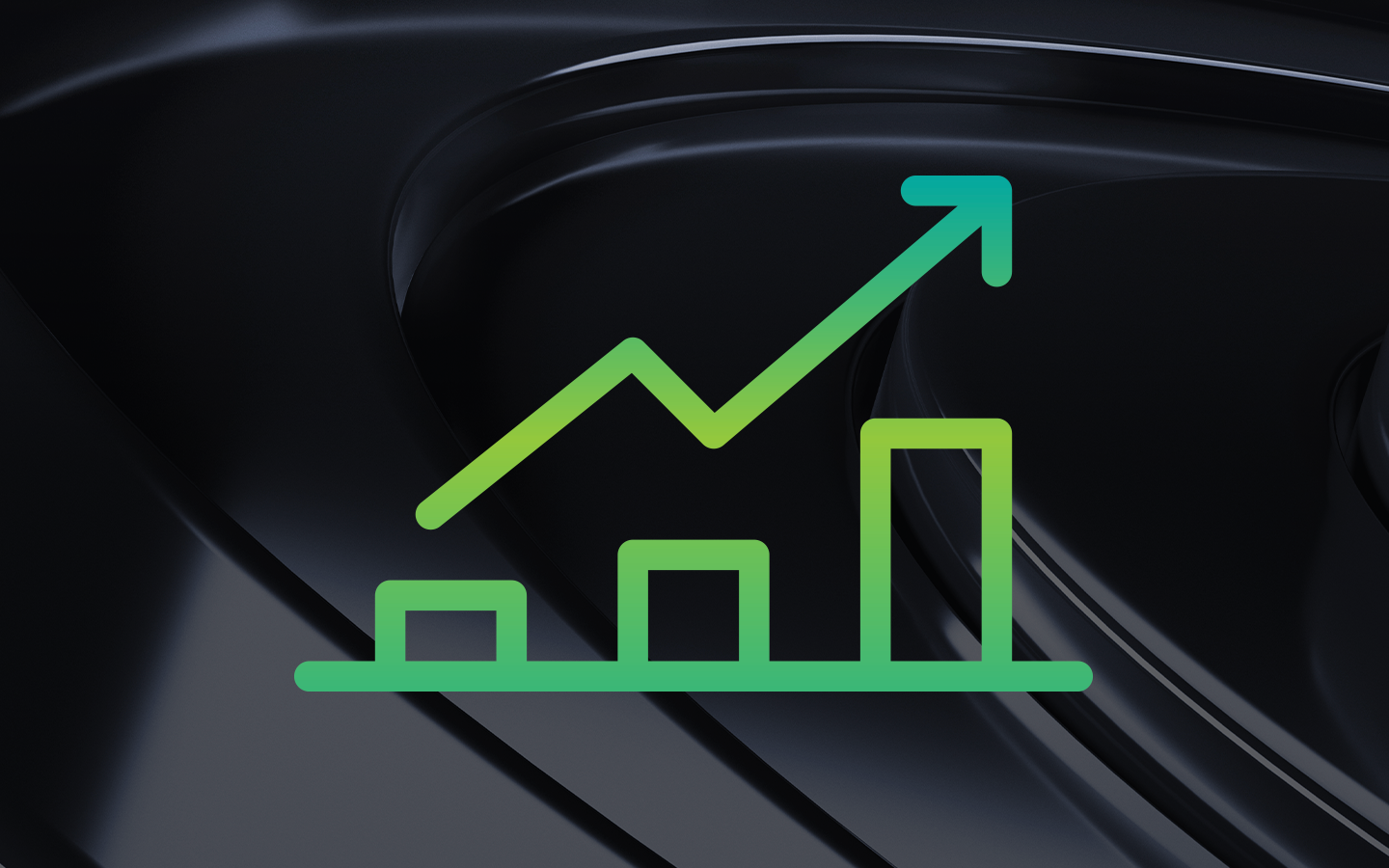 Green upward-trending line graph with three bars on a dark glossy background, symbolizing growth and increasing performance.