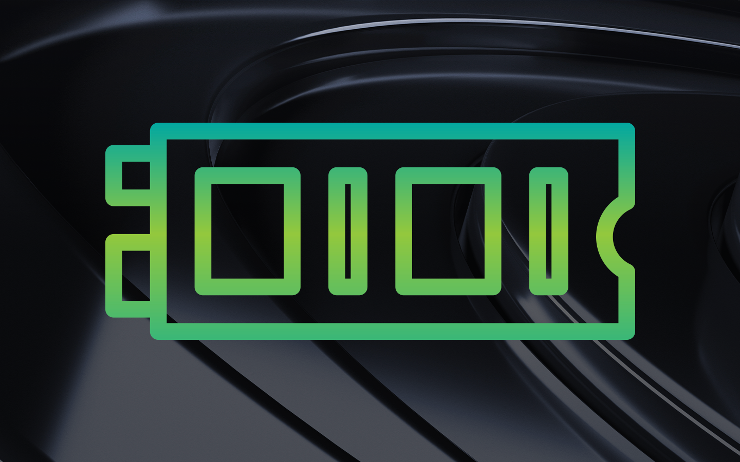 Icon of an SSD drive depicted with a gradient outline transitioning from teal to green sits on a black textured background.