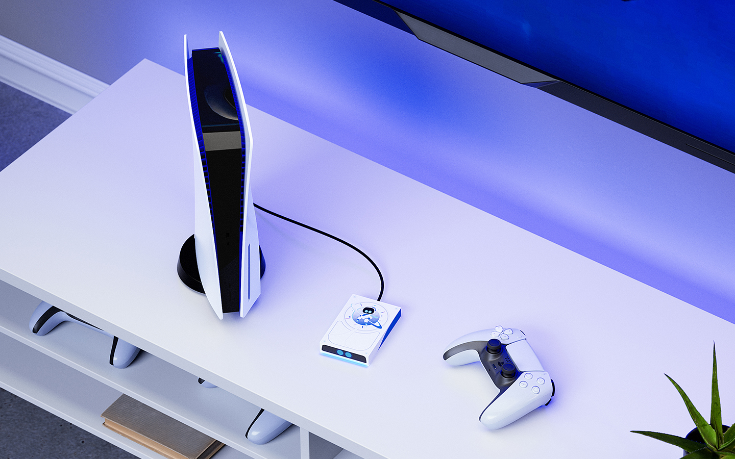 Overhead shot of a white PlayStation5 slim system linked to a Seagate PS5-ready SSD, with handheld gaming controller placed nearby.