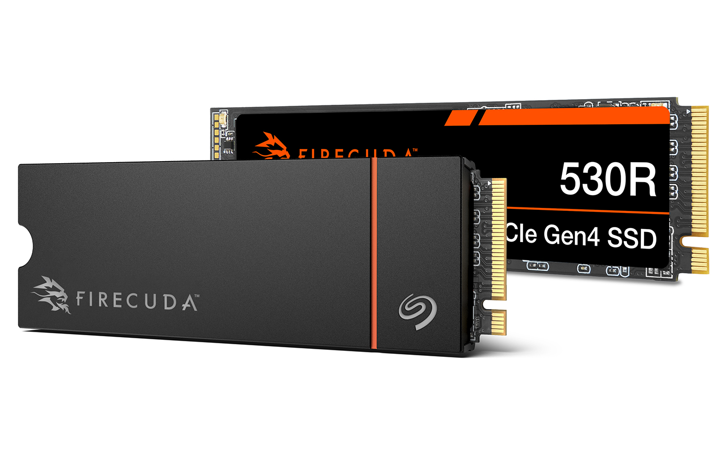 FireCuda 530R SSD with heatsink stands on edge and angled to the left with a FireCuda 530R PCIs Gen4 SSD positioned directly behind it.