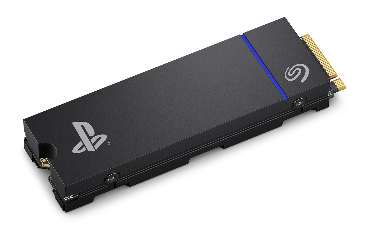 Game Drive PS5 NVMe SSD lies angled to the left, showcasing the iconic white Seagate swirl logo and a blue stripe.