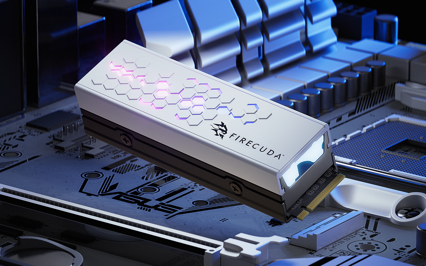 Silver FireCuda M.2 NVMe SSD is added to a motherboard M.2 slot.