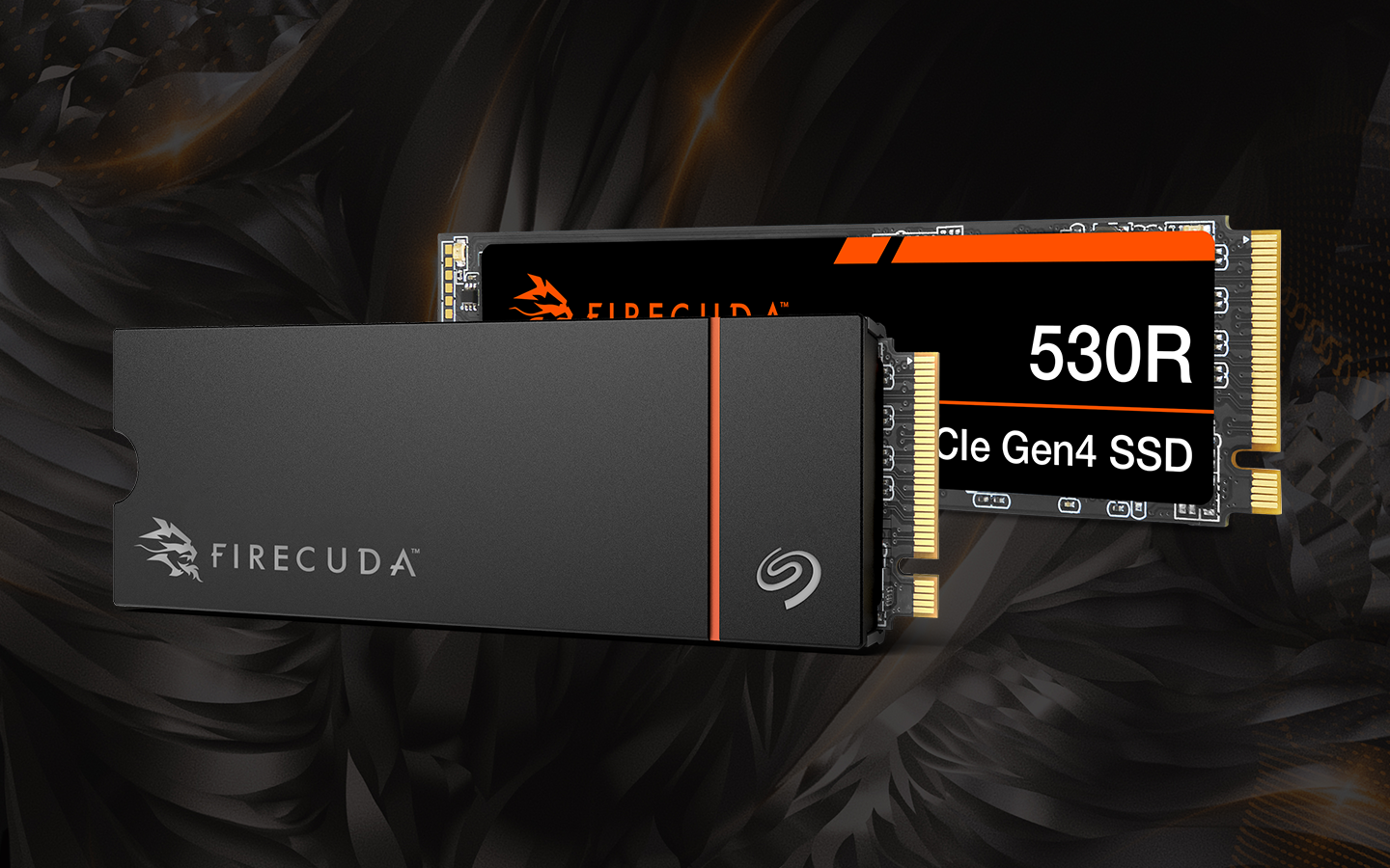 FireCuda 530R SSD with heat sink stands on edge and angled to the left with a FireCuda 530R PCIs Gen4 SSD positioned directly behind it.