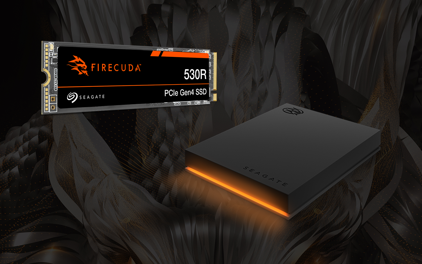Seagate FireCuda 530 NVMe SSD and external drive enclosure are displayed on a dark, abstract background.
