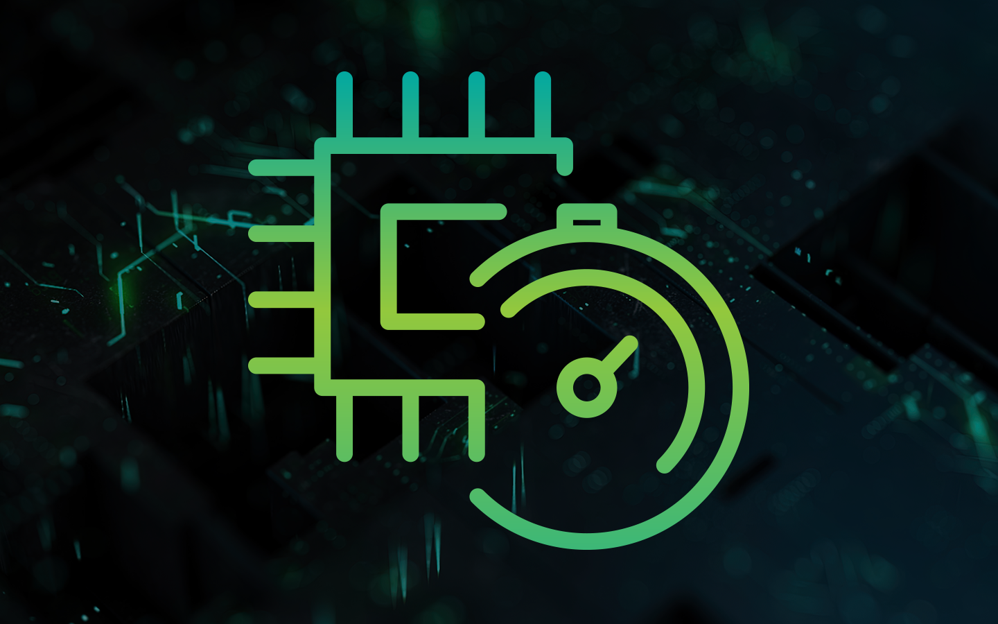 Interlocking icons of a computer chip and stopwatch signifies hard drive performance and speed.