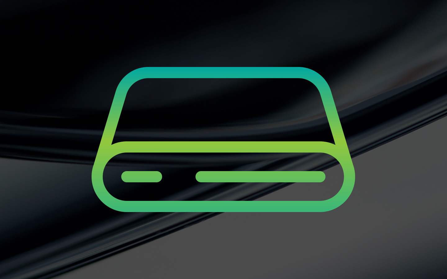 Icon of a hard drive depicted with a gradient outline transitioning from teal to green sits on a dark background.