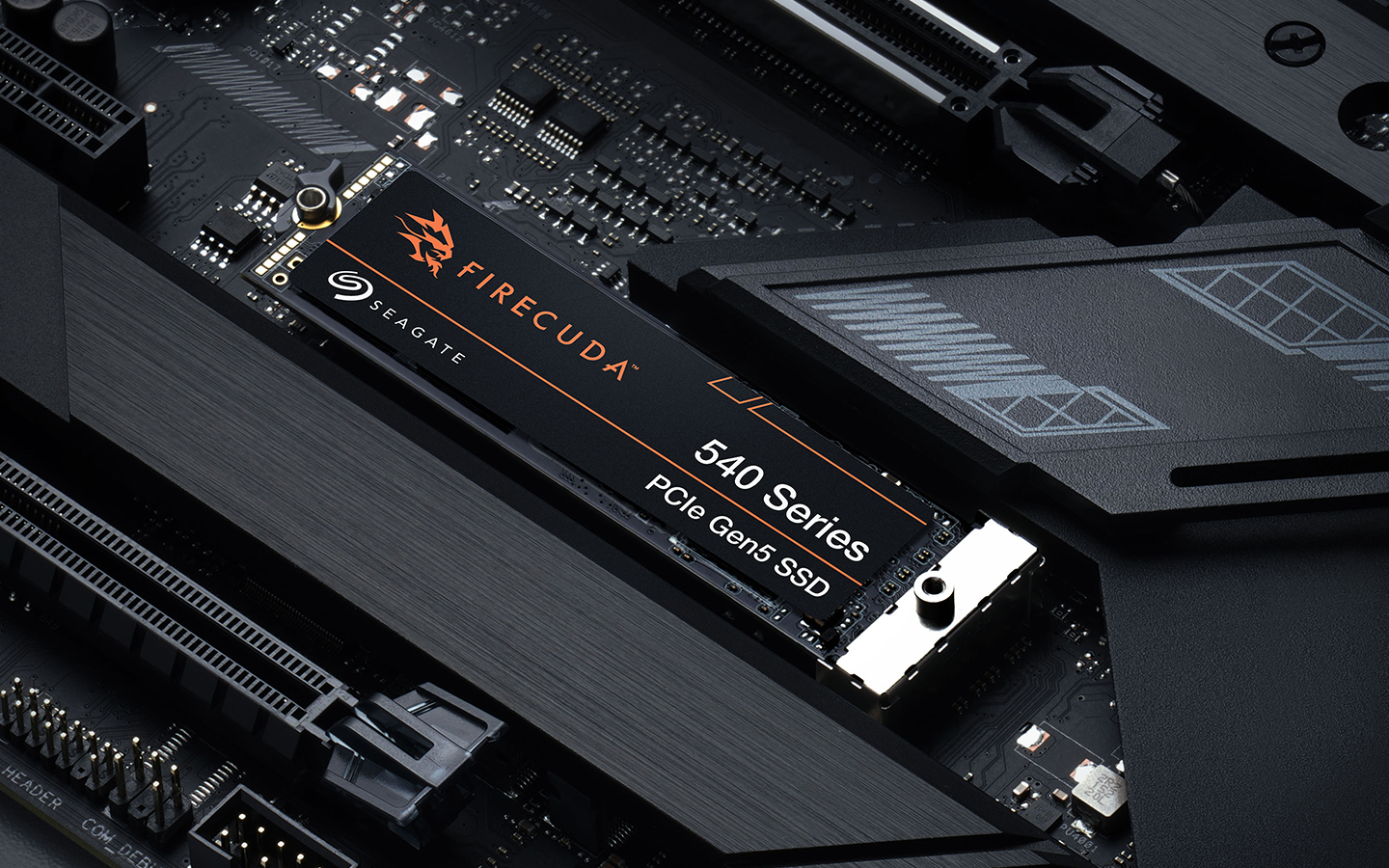 Up-close shot shows a FireCuda 540 Series PCIe Gen4 SSD added to a gaming system.