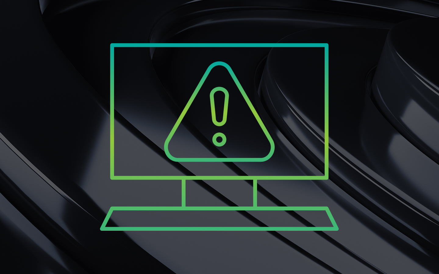 Thin green icon of a computer features an exclamation point in the center of a triangle on the screen, representing a warning.