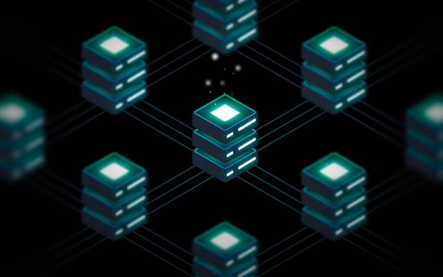 Illusration of glowing server stacks connected in a network, representing cloud computing.