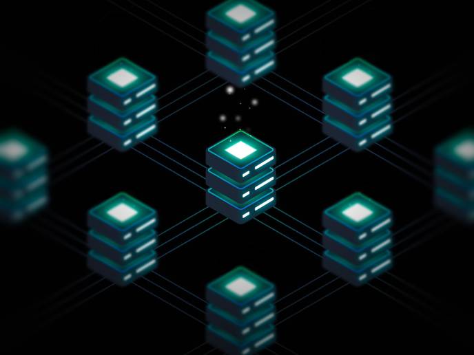 Illusration of glowing server stacks connected in a network, representing cloud computing.