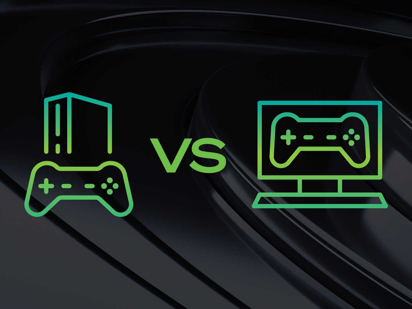 Green icons—gaming console and desktop PC—face off with ‘vs.’ in center, symbolizing the gamer’s choice between platforms.