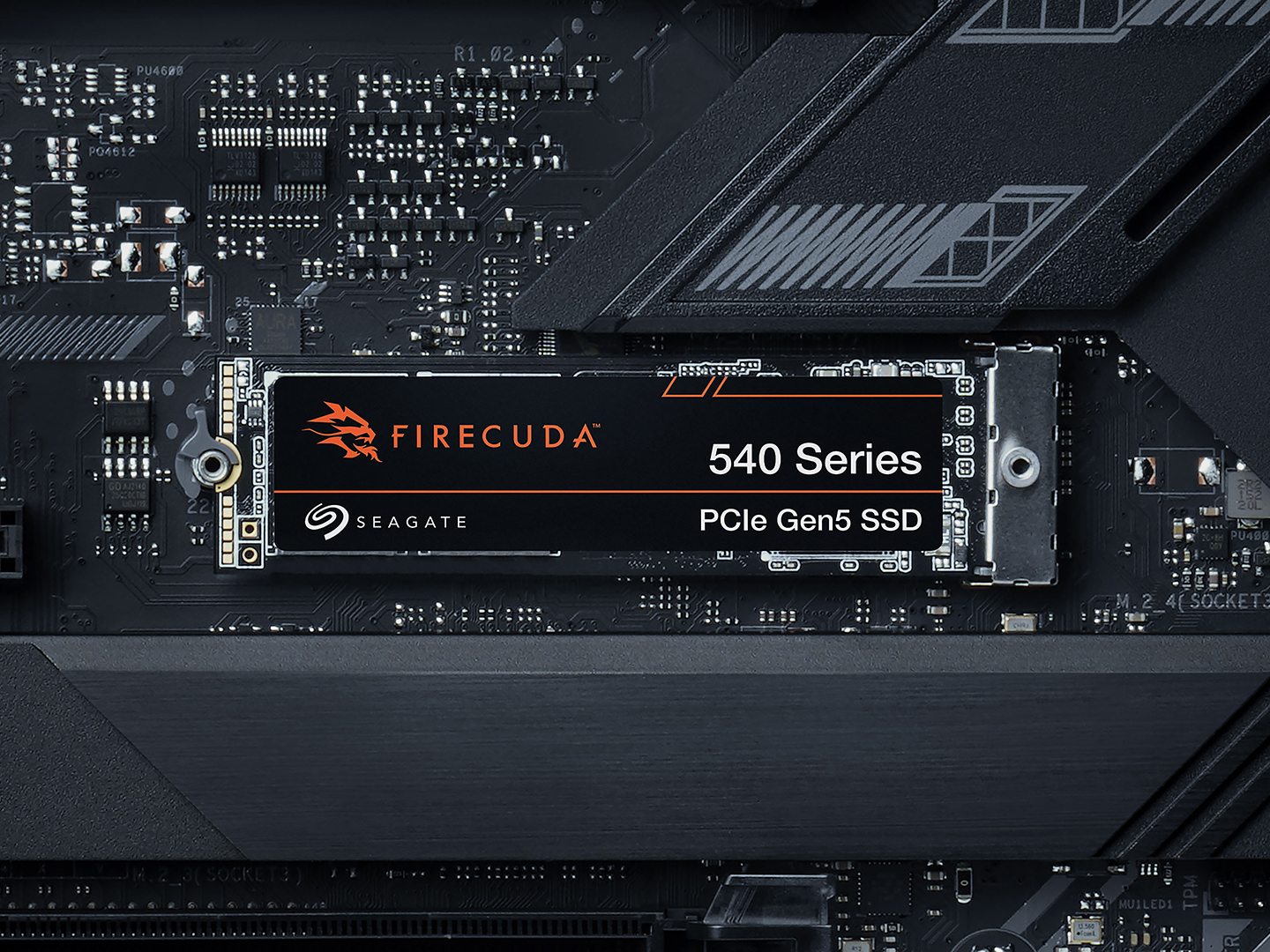 Up-close view of FireCuda 540 Series PCIe Gen5 SSD installed in a system.