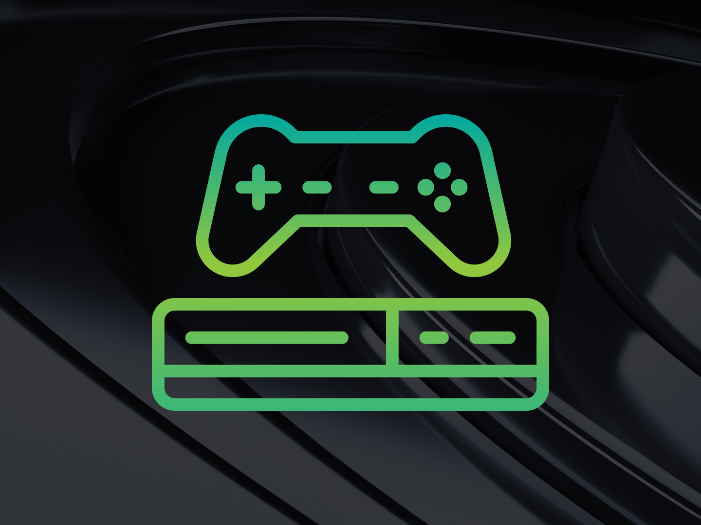 On a black background, a green gaming controller graphic sits above a similar console icon.