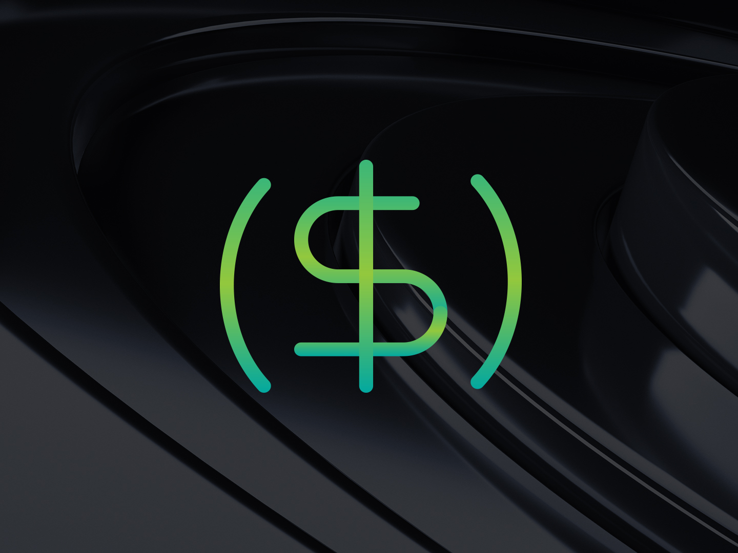 Green icon of a dollar sign in the middle of parentheses sits on a black background.