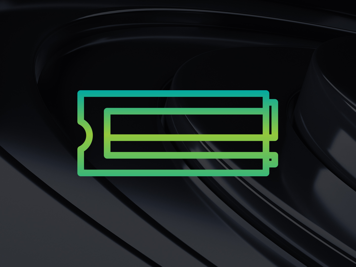 Green battery icon showing charge level is overlaid on a dark abstract background.