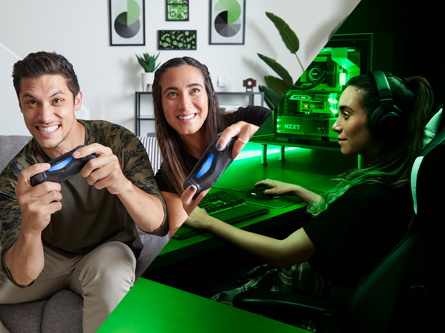 Split image shows two people on couch holding controllers and one at a desk with headphones gaming on a PC setup.
