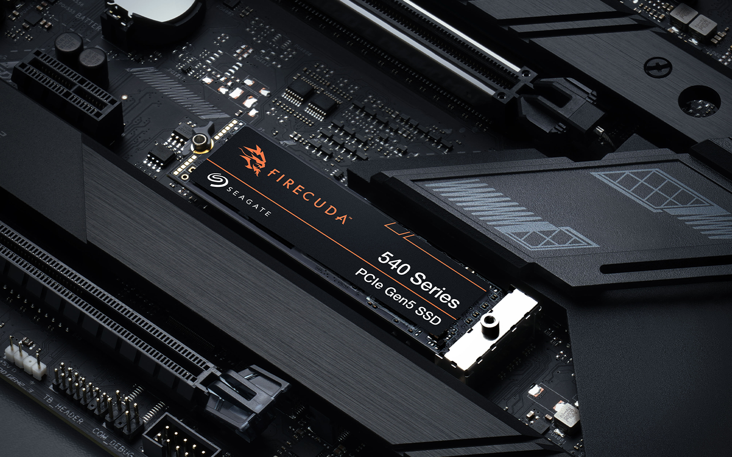 Up-close shot shows a FireCuda 540 Series PCIe Gen4 SSD added to a gaming system.