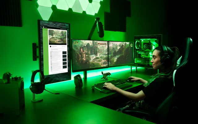 Person wearing headphones sits in front of four screens and a mic, playing a video game.