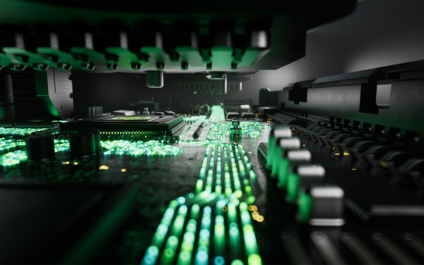 Abstract digital representation of data—in the form of green glowing points—running through a system, indicating random access memory (RAM).