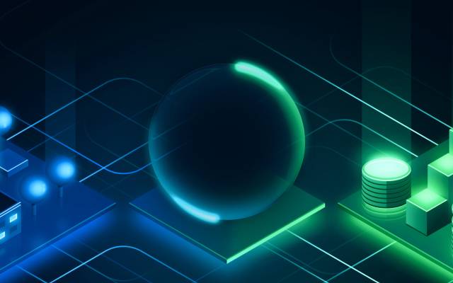 Abstract illustration of a glowing sphere between connected data nodes, representing AI context and data flow.