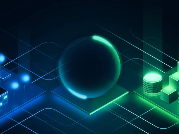Abstract illustration of a glowing sphere between connected data nodes, representing AI context and data flow. 