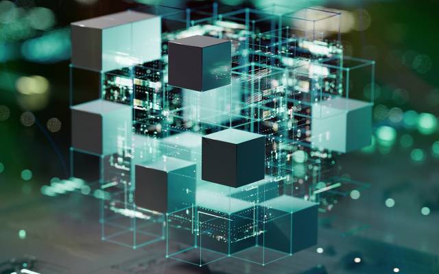 Abstract 3D cubes and transparent blocks floating over a glowing digital circuit network, symbolizing data systems or cloud computing.