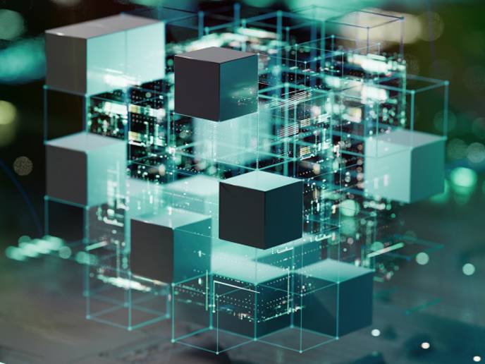 Abstract 3D cubes and transparent blocks floating over a glowing digital circuit network, symbolizing data systems or cloud computing. 