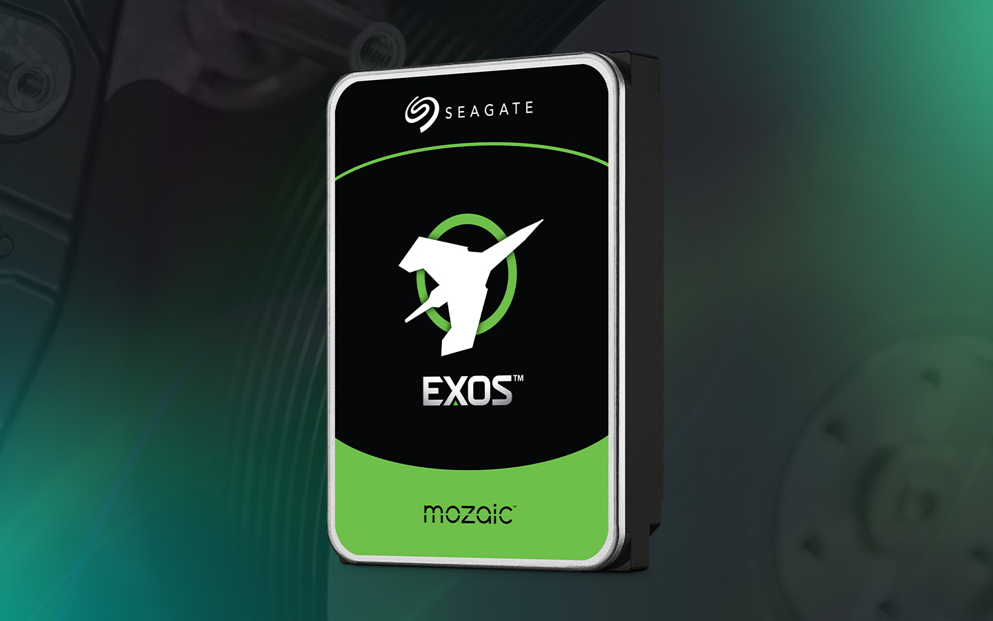 Exos Mozaic drive stands on end and angled left with a black label, white branding and green band at bottom.