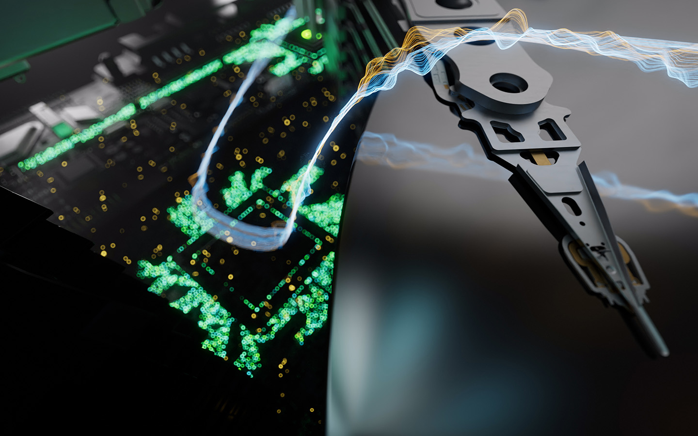 Abstract image of data writing to disk with green lighting in the background, suggesting active transfer or system activity.