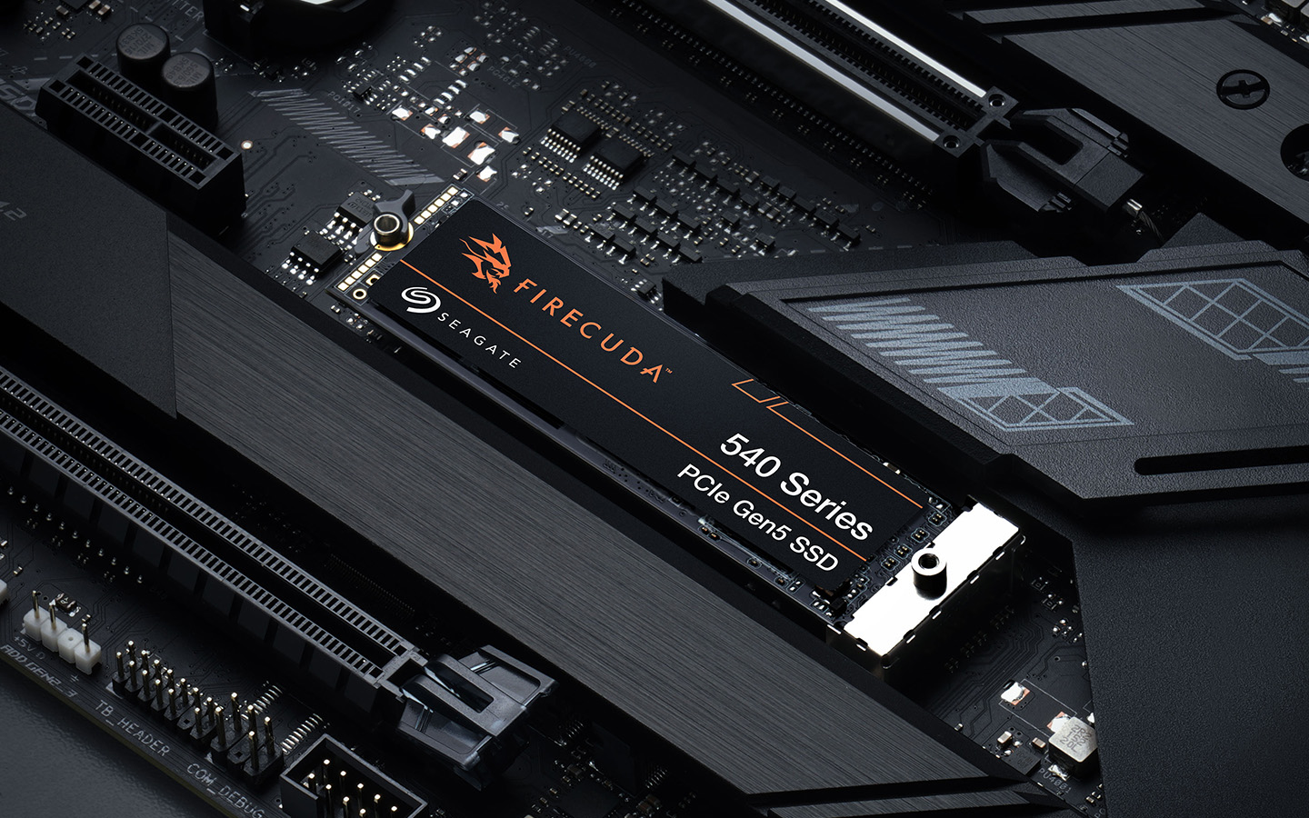 Up-close shot shows a FireCuda 540 Series PCIe Gen4 SSD added to a system.