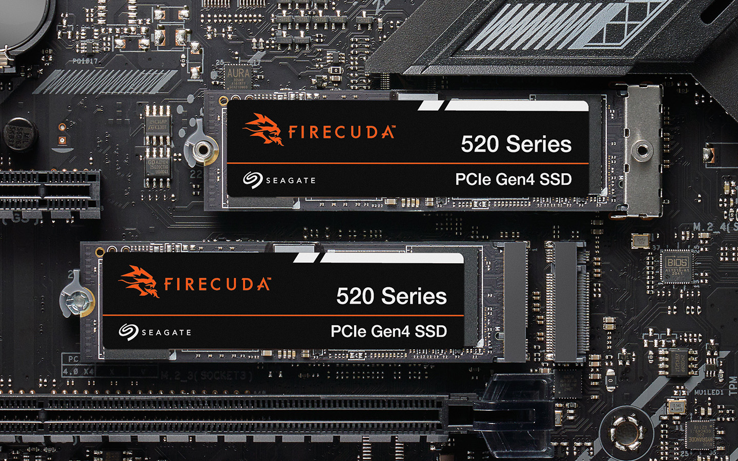 Two FireCuda 530 Series PCIe Gen4 SSDs installed on a motherboard, shown mounted in parallel M.2 slots.