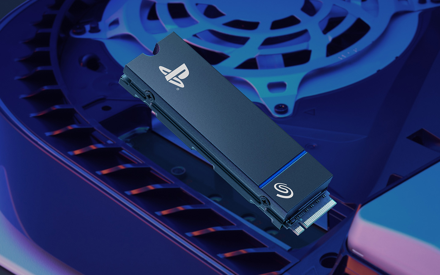 Close-up of a PlayStation-branded Seagate M.2 SSD installed in a PlayStation 5 console.