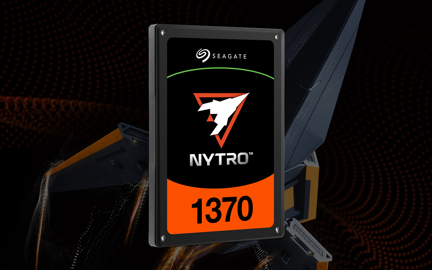 Seagate Nytro 1370 enterprise SSD product image with black and orange label on dark abstract background.