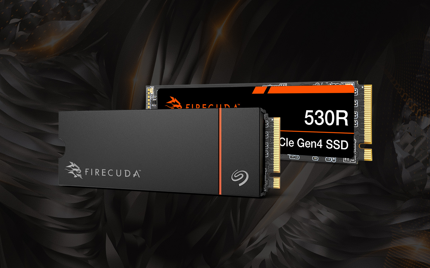 FireCuda 530R SSD with heatsink stands on edge and angled to the left with a FireCuda 530R PCIs Gen4 SSD positioned directly behind it.