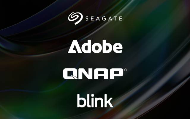 Swirl background representing spinning disks with Seagate, Adobe, QNAP and blink logos.