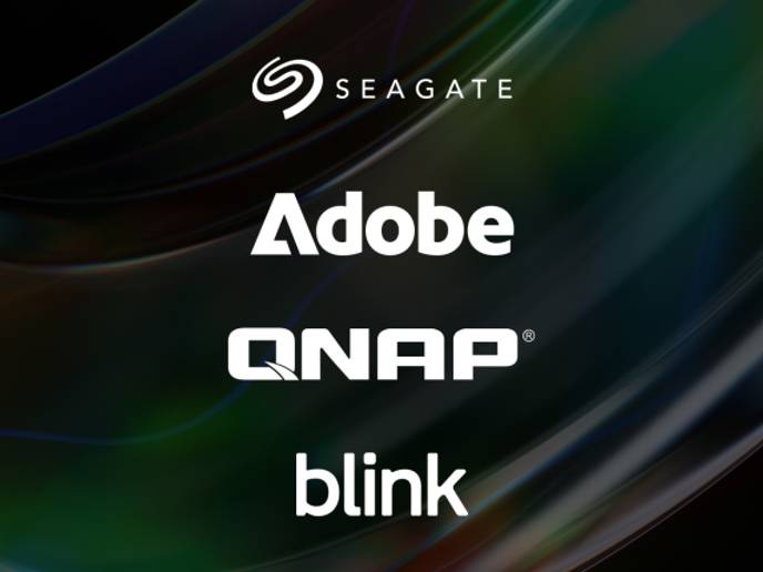 Swirl background representing spinning disks with Seagate, Adobe, QNAP and blink logos.  