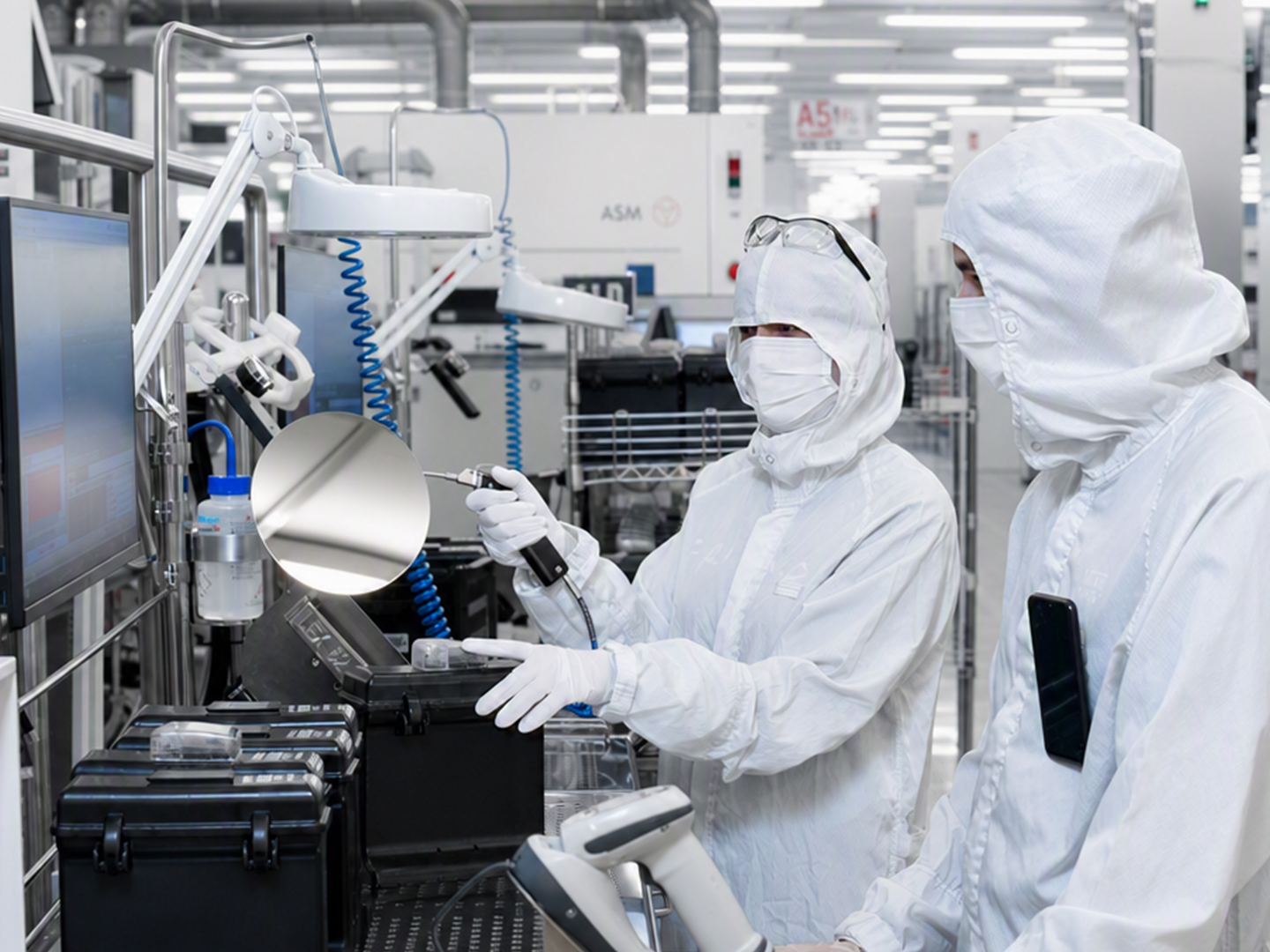 Two cleanroom workers operate manufacturing equipment while reviewing production information on a computer screen. 
