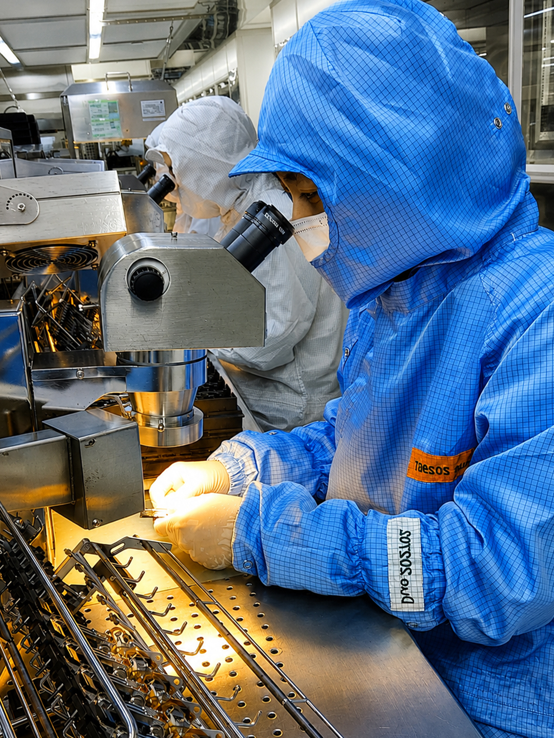 Seagate manufacturing employee using a microscope to inspect precision components.