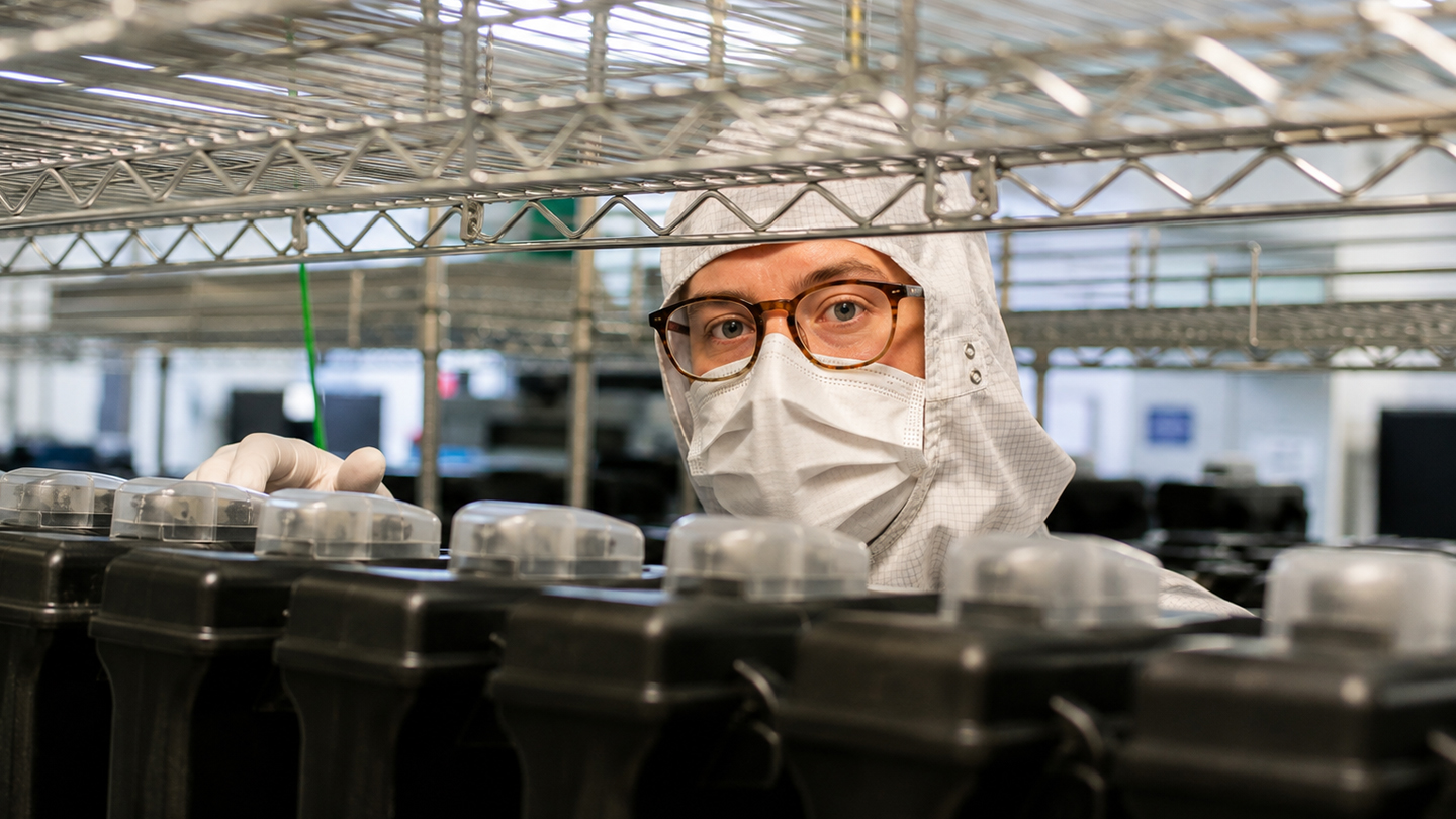 Clean room employee works in a manufacturing environment viewed through industrial shelving. 