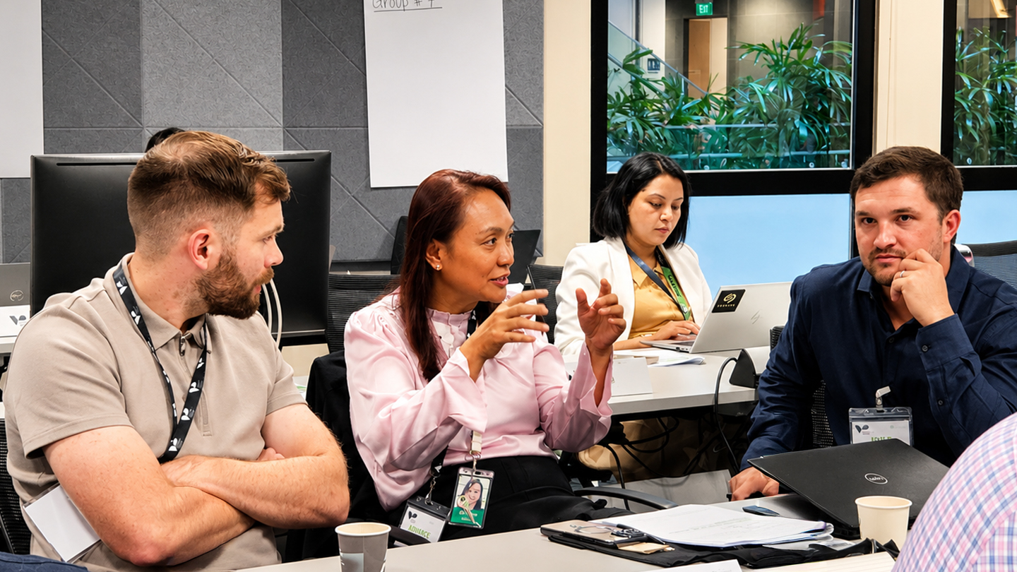 Seagate employees discussing ideas in a meeting.