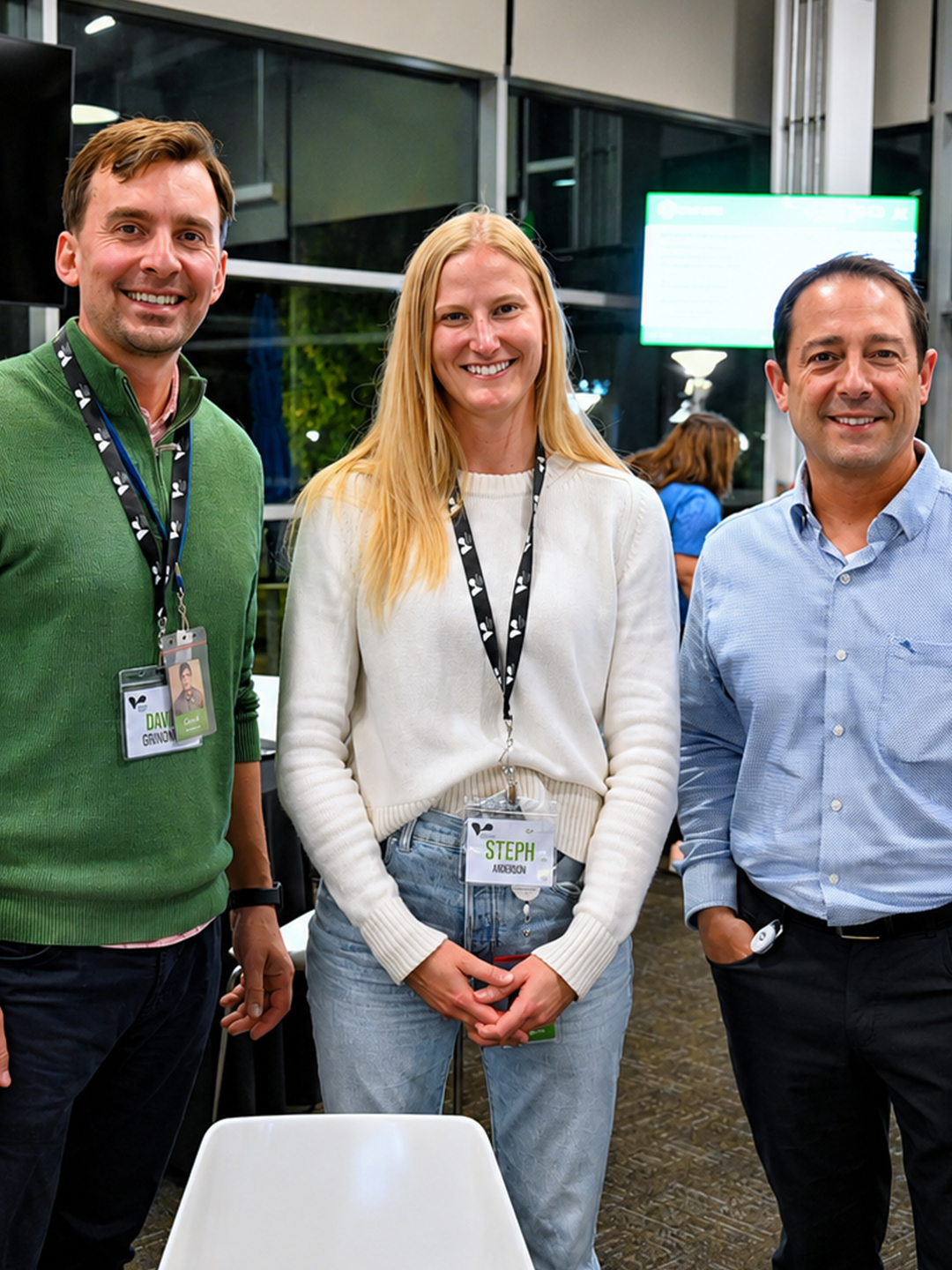 Three event attendees stand together and smile for a snapshot.
