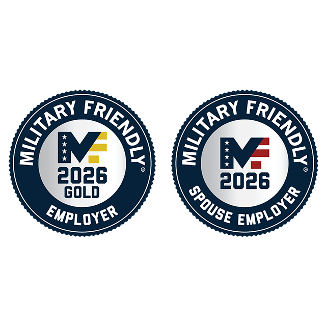 Two circle graphics designating Seagate as a 2026 gold level military friendly employer and 2026 military friendly spouse employer.