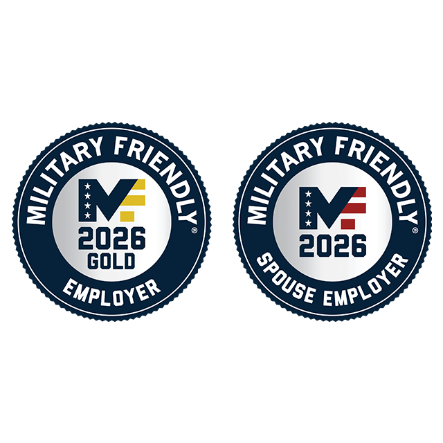 Two circle graphics designating Seagate as a 2026 gold level military friendly employer and 2026 military friendly spouse employer.